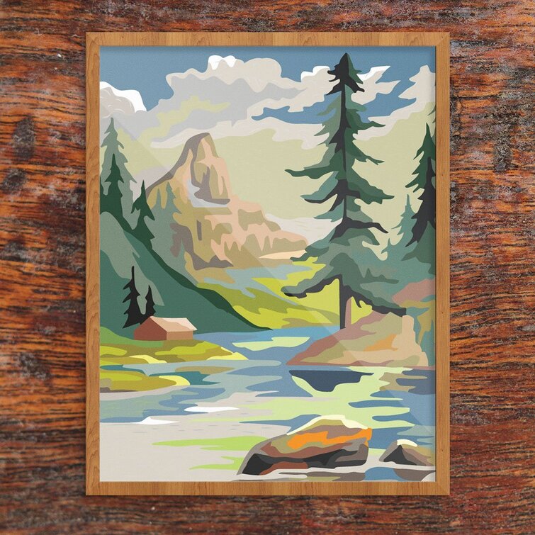 Paint by Number Mountain Cabin Lake Graphic Art Print on Paper